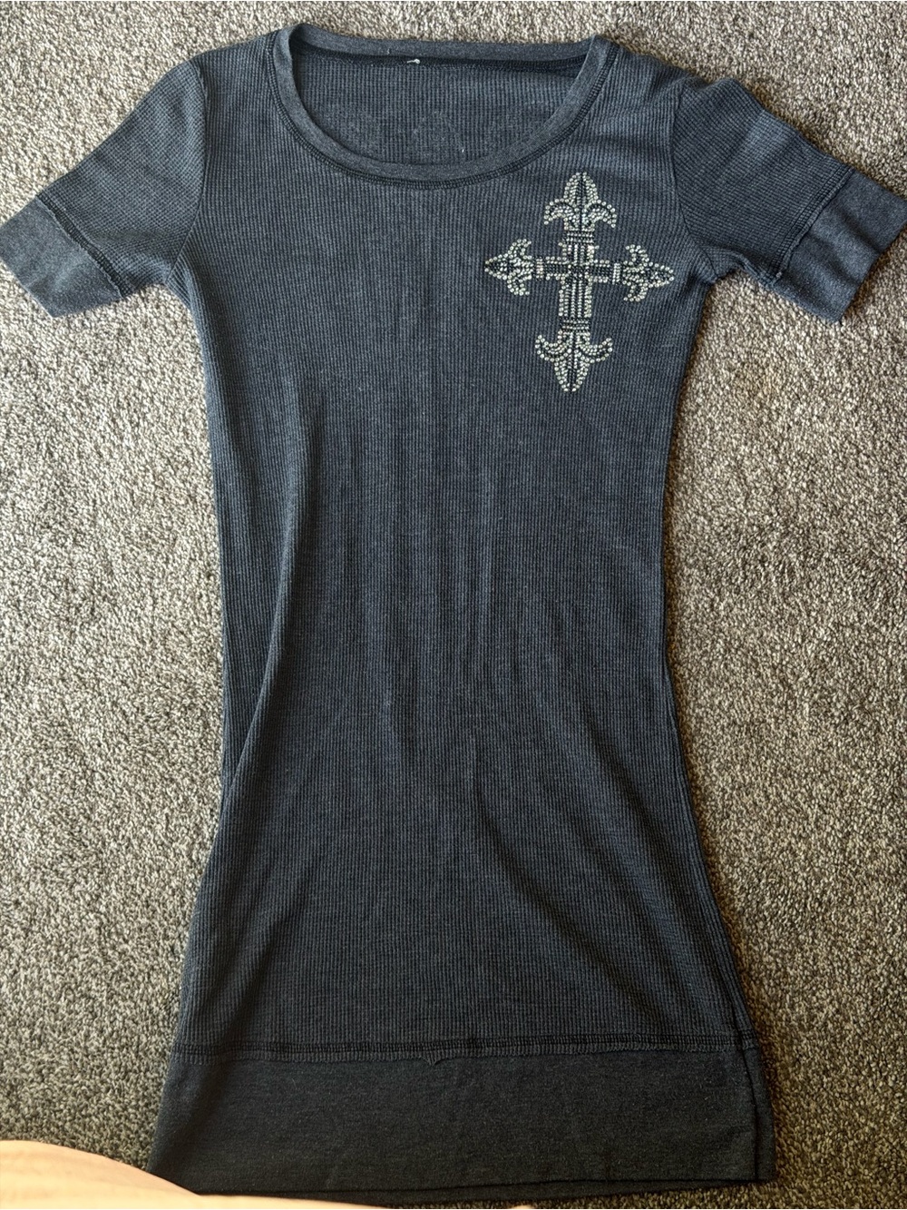 Black Short Sleeve Ribbed Dress with Cross Embellishment